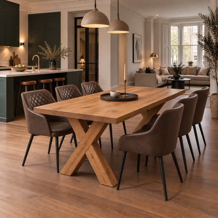 Tetey Solid Oak Straight Edge Dining Table Set with 6 Eske Brown Chairs & X Frame Wooden Legs