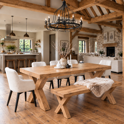 Boston Chunky Rustic Solid Oak Dining Table – X Frame Wooden Legs