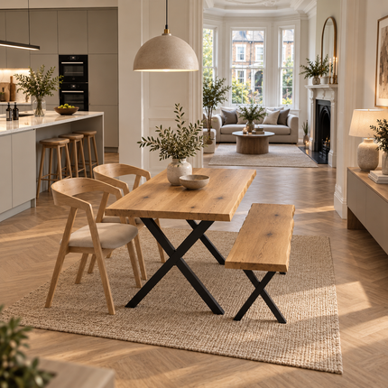 Firsby Solid Oak Live Edge Dining Set – Table, Bench & 2 Aby Beige Velvet Chairs | XF Steel Legs