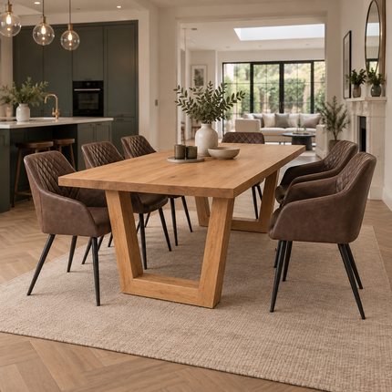 Ranby Solid Oak Straight Edge Dining Table Set with 6 Eske Brown Chairs & V Frame Wooden Legs