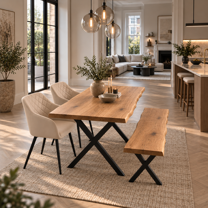 Firsby Solid Oak Live Edge Dining Set – Table, Bench & 2 Moor Velvet Beige Chairs | XF Steel Legs