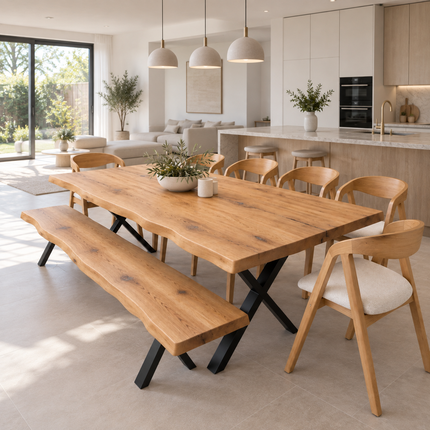 Glen Solid Oak Live Edge Dining Set – Table, Bench & 6 Aby Chairs with XF Steel Legs
