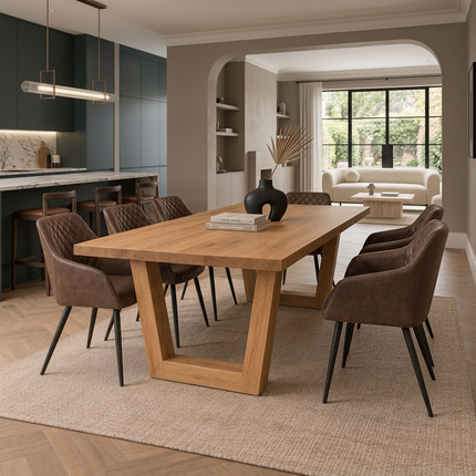 Ranby Solid Oak Straight Edge Dining Table Set with 6 Eske Brown Chairs & V Frame Wooden Legs