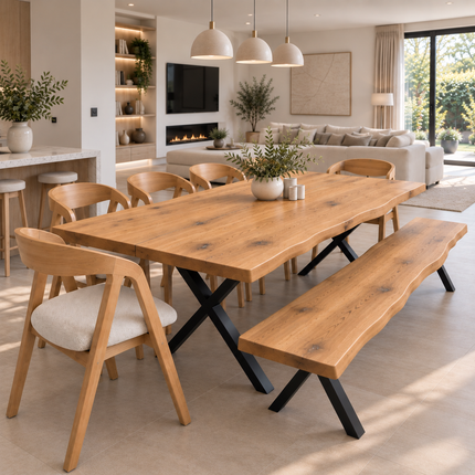 Glen Solid Oak Live Edge Dining Set – Table, Bench & 6 Aby Chairs with XF Steel Legs
