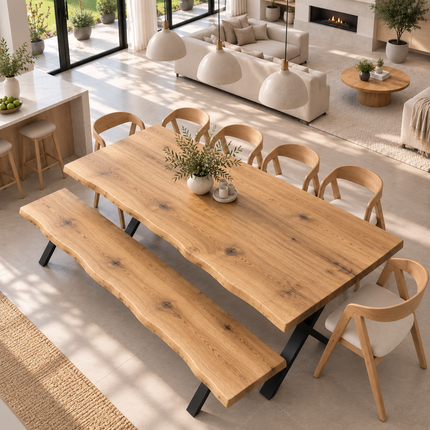 Glen Solid Oak Live Edge Dining Set – Table, Bench & 6 Aby Chairs with XF Steel Legs
