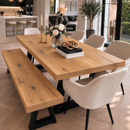 Grantham Solid Oak Dining Table Set with Bench & 5 Moor Beige Chairs – Trapezium Steel Legs
