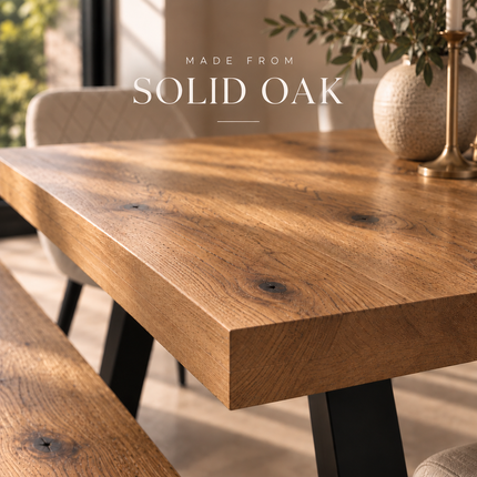Grantham Solid Oak Dining Table Set with Bench & 5 Moor Beige Chairs – Trapezium Steel Legs
