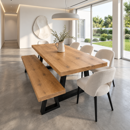 Natally Solid Oak Dining Set – Table, Bench & 5 Chairs | Trapezium Steel Legs