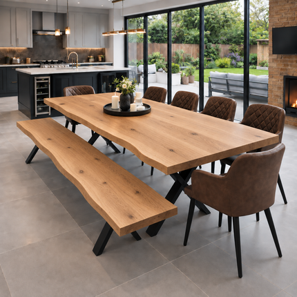 Firsby Solid Oak Live Edge Dining Set – Table, Bench & 6 Eske Brown Chairs with X-Frame Steel Legs