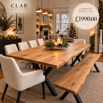 Firsby Solid Oak Live Edge Dining Set – Table, Bench & 6 Moor Beige Chairs with X-Frame Steel Legs
