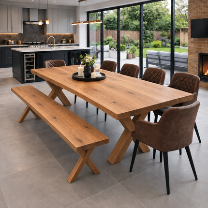 Tetey Solid Oak Dining Table & Bench Set with 6 Eske Brown Chairs – Straight Edge Top & Wooden X Frame Legs