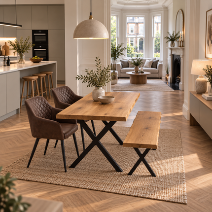Firsby Solid Oak Live Edge Dining Set – Table, Bench & 2 Eske Brown Chairs | XF Steel Legs
