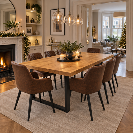 Holme Solid Oak Straight Edge Dining Table Set with 8 Eske Brown Chairs & Square Steel Legs