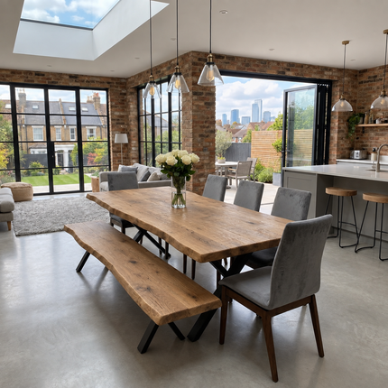 Firsby Rustic Solid Oak Live Edge Dining Table with XF Steel Legs