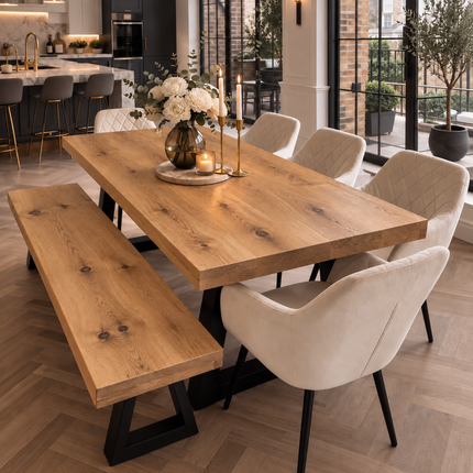 Grantham Solid Oak Dining Table Set with Bench & 5 Moor Beige Chairs – Trapezium Steel Legs