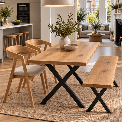 Firsby Solid Oak Live Edge Dining Set – Table, Bench & 2 Aby Beige Velvet Chairs | XF Steel Legs