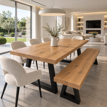 Natally Solid Oak Dining Set – Table, Bench & 5 Chairs | Trapezium Steel Legs