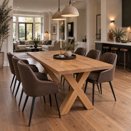 Tetey Solid Oak Straight Edge Dining Table Set with 6 Eske Brown Chairs & X Frame Wooden Legs