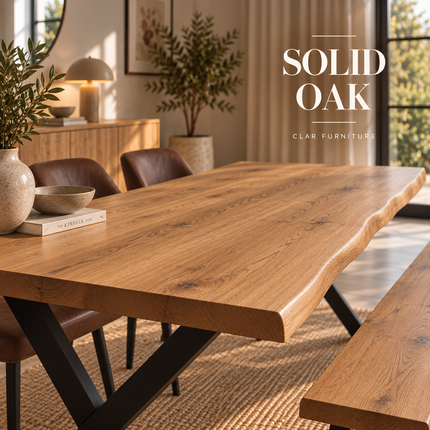 Firsby Solid Oak Live Edge Dining Set – Table, Bench & 2 Eske Brown Chairs | XF Steel Legs
