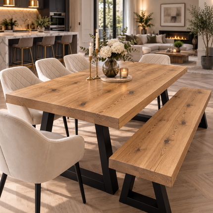 Grantham Solid Oak Dining Table Set with Bench & 5 Moor Beige Chairs – Trapezium Steel Legs