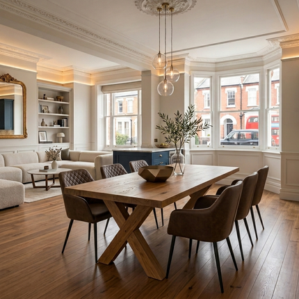 Tetey Solid Oak Straight Edge Dining Table Set with 6 Eske Brown Chairs & X Frame Wooden Legs