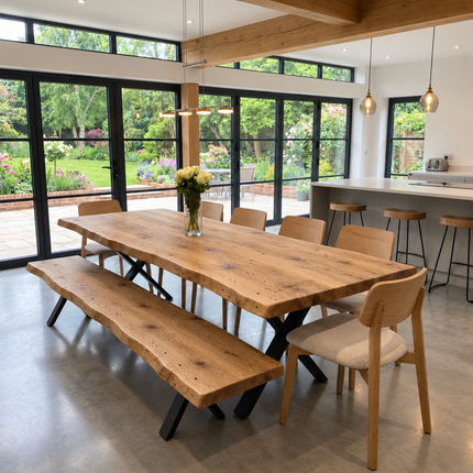 Firsby Rustic Solid Oak Live Edge Dining Table with XF Steel Legs