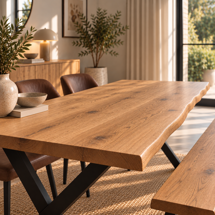 Firsby Solid Oak Live Edge Dining Set – Table, Bench & 2 Eske Brown Chairs | XF Steel Legs