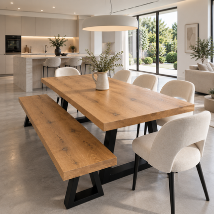 Natally Solid Oak Dining Set – Table, Bench & 5 Chairs | Trapezium Steel Legs