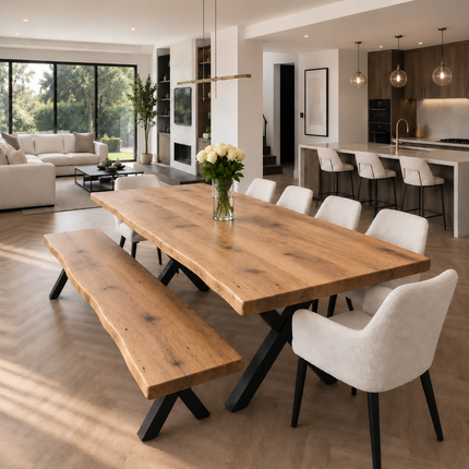 Firsby Rustic Solid Oak Live Edge Dining Table with XF Steel Legs