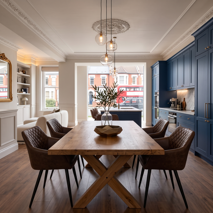 Tetey Solid Oak Straight Edge Dining Table Set with 6 Eske Brown Chairs & X Frame Wooden Legs