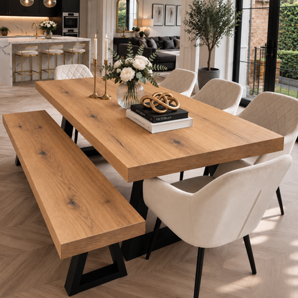 Grantham Solid Oak Dining Table Set with Bench & 5 Moor Beige Chairs – Trapezium Steel Legs