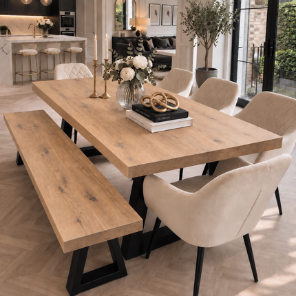 Grantham Solid Oak Dining Table Set with Bench & 5 Moor Beige Chairs – Trapezium Steel Legs