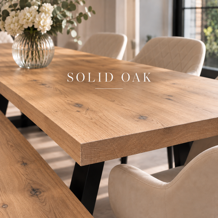 Grantham Solid Oak Dining Table Set with Bench & 5 Moor Beige Chairs – Trapezium Steel Legs