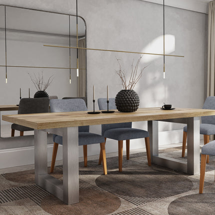Dunsby Solid Oak Dining Table Chunky Square Brushed Stainless Steel Legs