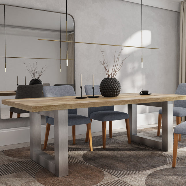 Dunsby Solid Oak Dining Table Chunky Square Brushed Stainless Steel Legs