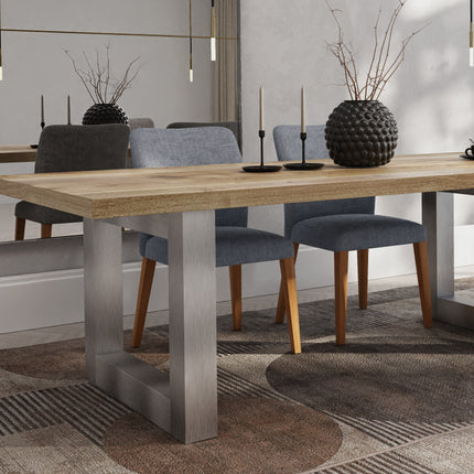 Dunsby Solid Oak Dining Table Chunky Square Brushed Stainless Steel Legs