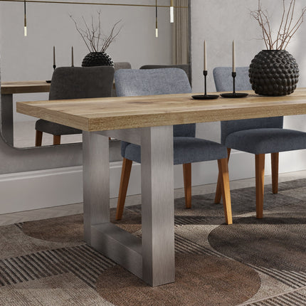 Dunsby Solid Oak Dining Table Chunky Square Brushed Stainless Steel Legs