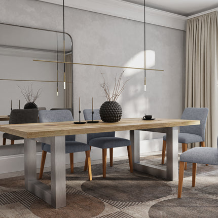 Dunsby Solid Oak Dining Table Chunky Square Brushed Stainless Steel Legs
