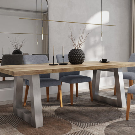 Pointon Solid Oak Dining Table Chunky Trapezium Brushed Stainless Steel Legs
