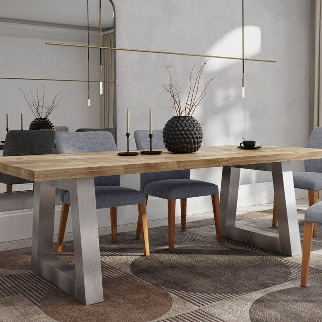 Pointon Solid Oak Dining Table Chunky Trapezium Brushed Stainless Steel Legs