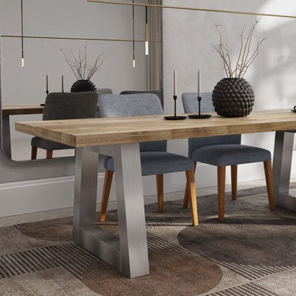 Pointon Solid Oak Dining Table Chunky Trapezium Brushed Stainless Steel Legs