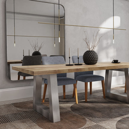Pointon Solid Oak Dining Table Chunky Trapezium Brushed Stainless Steel Legs