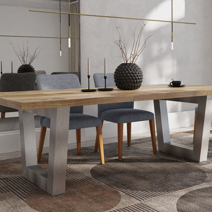 Graby Solid Oak Dining Table Chunky VF Brushed Stainless Steel Legs