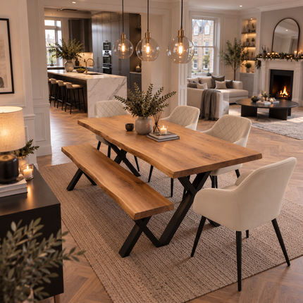 Firsby Solid Oak Live Edge Dining Set – Table, Bench & 4 Moor Velvet Beige Chairs | XF Steel Legs