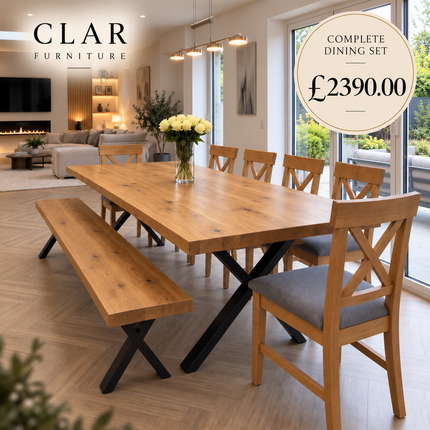 Slea Solid Oak Live Edge Dining Set – Table, Bench & 6 Alex Chairs with XF Steel Legs