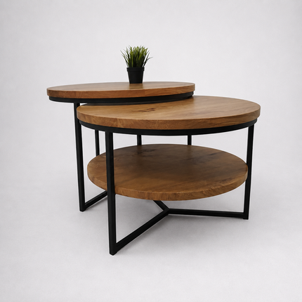 Round duo oak coffee tables with a shelf Julia