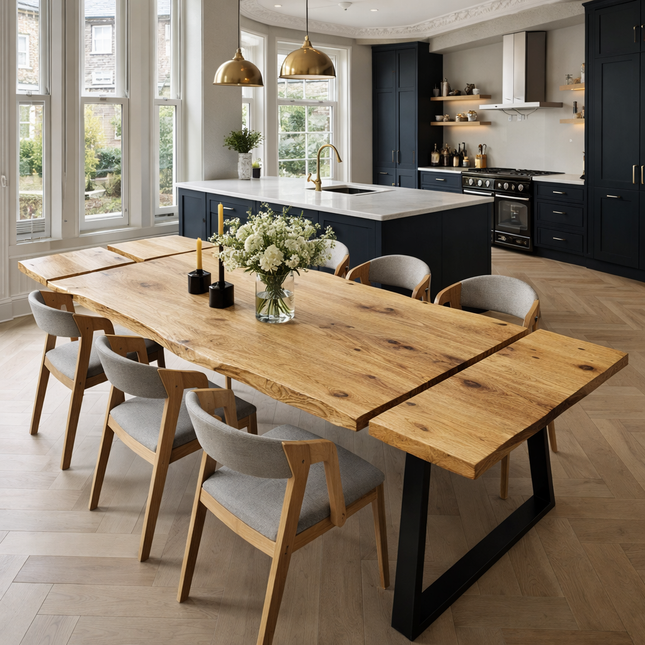 Firsby Live Edge Extendable 2-Sides Dining Table Trapezium Steel Legs