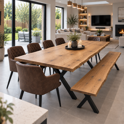 Firsby Solid Oak Live Edge Dining Set – Table, Bench & 6 Eske Brown Chairs with X-Frame Steel Legs