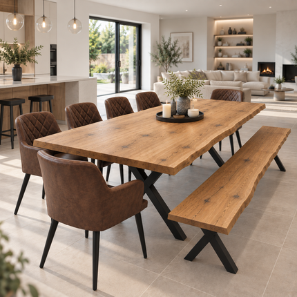 Firsby Solid Oak Live Edge Dining Set – Table, Bench & 6 Eske Brown Chairs with X-Frame Steel Legs