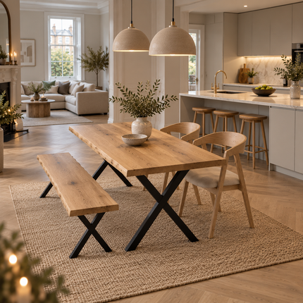 Firsby Solid Oak Live Edge Dining Set – Table, Bench & 2 Aby Beige Velvet Chairs | XF Steel Legs